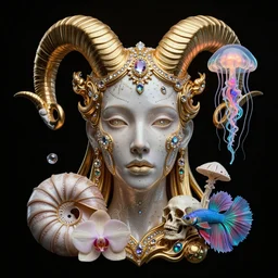black background. goddess princess face close-up portrait ram skull. sculpture made of gold and brilliants. jellyfish phoenix head, nautilus, orchid, skull, betta fish, bioluminiscent creatures, intricate artwork by Tooth Wu and wlop and beeple. octane render, trending on artstation, greg rutkowski very coherent symmetrical artwork. cinematic, hyper realism, high detail, octane render, 8k