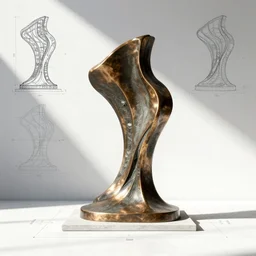 architectural blueprint of a public bronze sculpture, with orthographic views