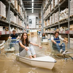 4 k sony wide angle photo, interior photo of ikea, flooded with water everywhere, with people using shopping carts and furniture as boats