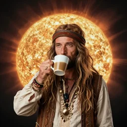 portrait of a hippie drinking a coffee on the surface of the sun, kodak portra,