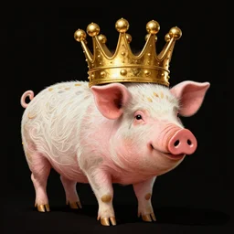 pig in a gold crown on a black background, intricate illustration