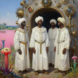 african moors wearing white robes and intricate turbans near a steampunk portal. there is a pink lake in the background. colorful carnivorous flowers. by thomas blackshear, zdislaw beksinki, alex grey, thomas kinkade. oil on canvas. radiant lighting. highly detailed and intricate environment.