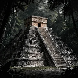black blood - splattered mesoamerican jungle, stepped pyramid, dark visionary amaringo art, wallpaper