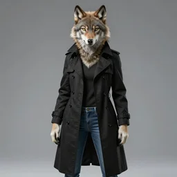 female anthropomorphic wolf dressed in a buttoned up black trench coat and jeans furaffinity hyper detailed and intricate hypermaximalist hyper realistic photorealistic highlights and shadow ray traced ultra - hd 3 2 k post - processing super high resolution