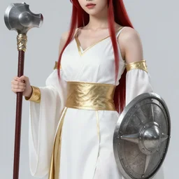 Lady in White and gold robes, red waist-long hair, mace and shield, visible face, dungeon and dragons, high fantasy, holy energy, ornamental, symmetry, artstationhd, artstationhq, trending in artstation, safebooru