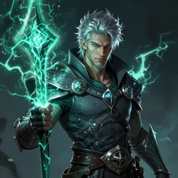 An epic fantastic realism comic book style portrait painting of arrogant aasimar hexblade warlock, teal electricity, male, shaggy silver hair, short beard, dark gray cloak, 4k, 8k, Apex Legends Concept Art, D&D Concept Art, unreal 5, DAZ, hyperrealistic, octane render, cosplay, RPG portrait, dynamic lighting