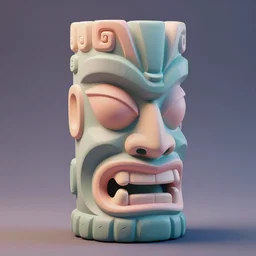 a detailed octane render of a tiki head isometric, volumetric lighting, 3 quarter view, ray tracing, dramatic lighting, unreal engine 5, global illumination, physical based render. creative design, balanced and aesthetically pleasing pastel colors.