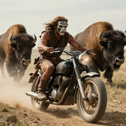 an ancient tribesman driving an ancient motorcycle,  hunting bisons , symmetrical face, muscular body, attacking, chase, action scene, an epic fantasy, dramatic lighting, cinematic, establishing shot, extremely high detail, photorealistic, cinematic lighting, artstation, octane render, western,old photo, vintage