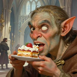closeup profile face portrait of a medieval goblins eating cakes in the cathedral, hyung tae and frank frazetta, hyper realistic, artstation, illustration, digital paint, matte paint, vivid colors, bright, cheerful, detailed and intricate gothic environment