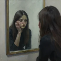 looking in the mirror somber sad painting artwork by zdislaw and nekro, don ’ t know who i see it isn ’ t me i don ’ t want to feel wake me up and tell it ’ s a dream, arstation, noise