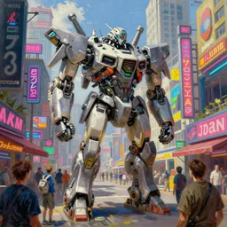 market in japan, cyberpunk style, big mecha - bot in center on first plan, bright neon signs, sunny weather, tim hildebrandt, wayne barlowe, bruce pennington, donato giancola, larry elmore, oil on canvas, masterpiece, trending on artstation, featured on pixiv, cinematic composition, hyper - detailed, hd, hdr, 4 k, 8 k