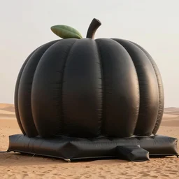 huge matte black adult bouncy castle in big fruits form like a big puffer with seams, in desert, style by anish kapoor, parts by shih chieh huang, warm soft light, shallow depth of field realistic, 8 k, hyperrealism, subsurface scattering, raytracing