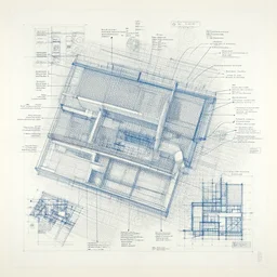 An artwork made from layers of technical drawings and architectural plans and blueprints very detailed and intricate with callout texts, leaders, arrows and bubbles by Kim Jung Gi and Hasui Kawase