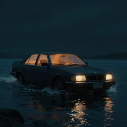 digital art - a car under the water with warm light inside it dark cold atmoshperic and cinematic by greg ruthkowski and craig mullins, trending on artstation