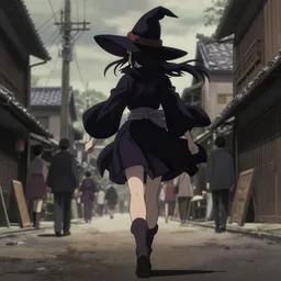 key anime visual portrait of a young female witch walking through a busy village, yoshitoshi abe, dynamic pose, dynamic perspective, cinematic, dramatic lighting, muted colors, detailed silhouette, textured, anime proportions, kyoto animation, anmi,