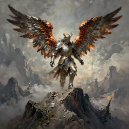 painting of a fallen angel paladin with big burnt wings reaching the summit of a haunted mountain, sharp focus, award - winning, trending on artstation, masterpiece, highly detailed, intricate. art by seb mckinnon