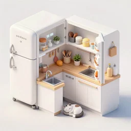 cute kitchen, refrigerator, sink, isometric art, white furniture, sleeping cat pet, bright, artstation, highly detailed, cinematic lighting + masterpiece