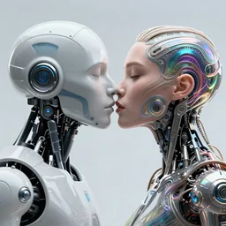 two robots, photography, the kiss of victory, female face, cyberpunk cyborg, sci - fi, intricate abstract upper body intricate artwork, by tooth wu, wlop, beeple, dan mumford. concept art, octane render, deviantart, greg rutkowski, cinematic arthouse, key art, hyper realism, iridescent accents