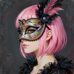 anime masquerade vogue, intricate oil painting by greg rutkowski, trending on artstation, side profile, pink bangs