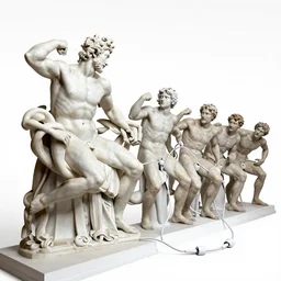 long line-up of laocoon and his sons struggling with twisted white iphone headphone cables, intertwined full body view, shilouette ipod advertising, white background