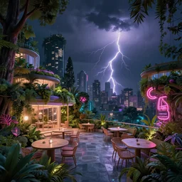 a beautiful detailed highly detailed nature patio city by zaha hadid, magic realism neon signs forest at night postcyberpunk retro thunderstorm, archdaily, wallpaper, highly detailed, trending on artstation.