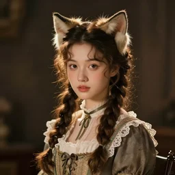 victorian girl with cat ears and a dress