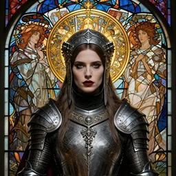 Elisha Cuthbert as a Gothic warrior, intricate medieval armour, masterpiece centred symmetrical portrait, stained glass abstract backdrop, shoulders and head, art nouveau tarot style, golden halo, by Edgar Maxence, Ross Tran, distaw Beksinski, Michael Whelan, gustav dore, H.R. Giger, and Mucha, 8k, octane render