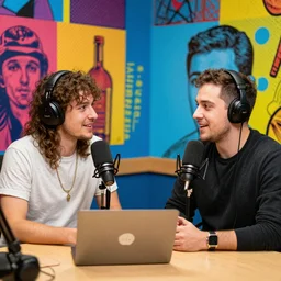 podcast in a radio station, lowbrow, pop art