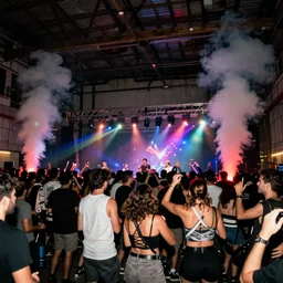 flash photography of a rave dance party in a warehouse by annie leibovitz, shutter speed 2 seconds, smoke machines, colorful light effects!!, nighttime!!,
