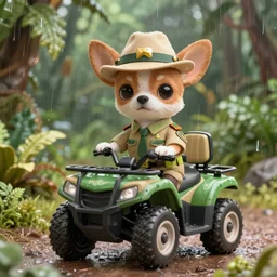 park ranger chihuahua, 3 d model, tan and green uniform, tan fedora, brown and white fur, green and tan atv, 3 d model, cartoony, pixar style, artstation, unreal engine, in the rainforest, 4 k, ultra quality