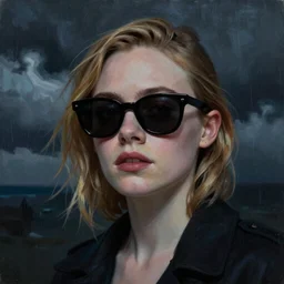 Elle Fanning wearing black shades in the style of Paola Vetri, head and shoulders portrait, stormy weather, extremely detailed masterpiece, oil on canvas, low-key neon lighting, artstation, Blade Runner 2049, Roger Deakin’s cinematography, by J. C. Leyendecker and Peter Paul Rubens and Edward Hopper and Michael Sowa,