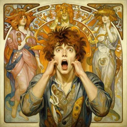 an hyper intricate oil painting of mind blown young man!!!!!, cannot comprehend, surreal, excellent composition, by yoshitaka amano, by greg rutkowski, by alphonse mucha, by rhads, by ross tran, trending on artstation