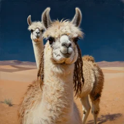 llama with dreadlocks, epic scene, hyper-realistic oil painting  by John Berkey. desert, night sky, hyper-realistic, oil painting by John Berkey
