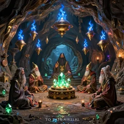 The arcane sages in their séance cave by Albert Bierstadt and Gerald Brom and Dan Mumford and Greg Hildebrandt and Dean Ellis, floating metallic objects, blue flames, low light, glowing green crystals