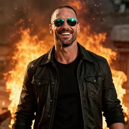 duke nukem wearing reflective sunglasses, narcissistic, full of testosterone, being happy that his house is on fire, high quality, very detailed, a professional photo, cinematic, beautiful