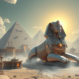 ilustration of a futuristic egyptian 🇪🇬 civilization, innovative pyramids, robot sphinx, whimsical, fantasy, luxury, detailed, volumetric lights, intricate details, raytracing, great complexity, cinematic, film, 1 2 8 k, octane render, trending on artstation by james c christensen and mandy jurgens