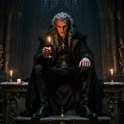 “Strahd von Zarovich holding a glass of wine and a lit match, sitting atop a church altar. Ominous, dramatic, photorealistic.”