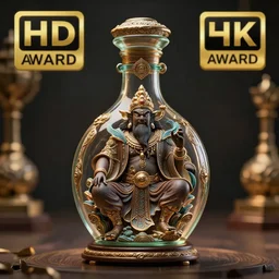 The great genie in the bottle demonstrates his power to his new owner. Intricate details, photo realistic, award winning, dramatic lighting, award winning, depth of field, UHD 8K
