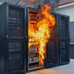 a painting of data center server rack that's caught fire!!!!!!!, fire on data center