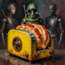 yellow, red, green, toaster strudel, dark, gothic, cyber, fantasy, rust, metal, rivets, cogwheel, human, creature, mannequin, machinery, scuba mask, by giger, masahiro ito, junji ito, rough oil paint, underpainting, highlights, john signer sargent, dean cornwell