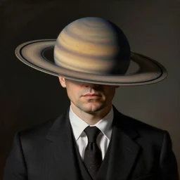 a portrait of a well dressed business man, the planet saturn is superimposed over his face!!!, art by Rene Magritte