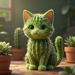 surreal, cactus kitten, cute kitten green face, green veggie sitting kitten with spikes, shaped as cactus, cactus shaped as kitten, half kitten half cactus, in a pot, on the table, herbology, hd photography, coherent, intricate, blender, concept art, radiant light