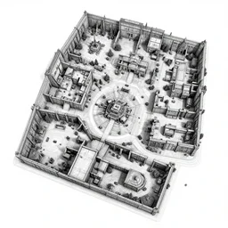 a black and white call of duty shipyard map. d & d battlemap. small dungeon. a few large rooms. clean design. high definition etching with complex details.