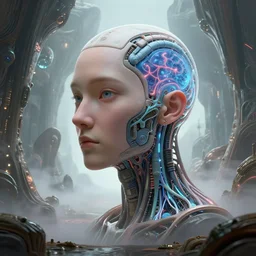 realistic illustration portrait of a networked mind with neural implants designed by Hajime Sorayama and frank gehry, inside detailed alien interiors, backlit fog, Bryce 3d, designed by Larry Elmore Kerlaft, Michael Whelan and Pixar, photorealistic, octane render, studio lighting, 8k, hd