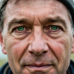 close - up image of an old cornish fisherman with green eyes. high detail. headshot photography