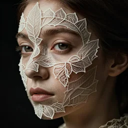 close up of a woman's face, made of intricate decorative lace leaf skeleton, in the style of the dutch masters and gregory crewdson, dark and moody