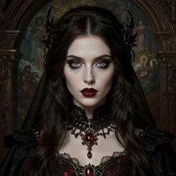 Kit-cat style portrait woman of timeless beauty with breathtaking eyes dressed in gothic attire, intricate, elegant, DSLR 8K, biblical art, realism, incomprehensible detail, final fantasy & silent hill aesthetic, photorealistic, lifelike, created by Razaras on deviantart