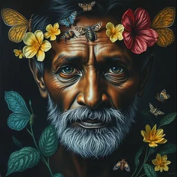 oil painting portrait dark background 8 0's srilankan men face potrait made of flowers and insects by otto marseus van schriek rachel ruysch christian rex van minnen, by craig mullins, j. c. leyendecker, lights, art by ernst haeckel