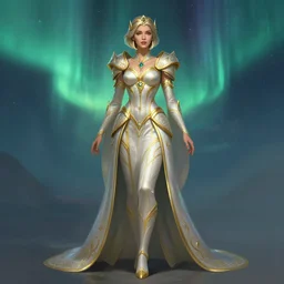 beautiful female queen, full body shot, short hair, d & d, golden trims, ethereal background, aurora borealis, fantasy, intricate, elegant, highly detailed, digital painting, artstation, concept art, matte, sharp focus, illustration, hearthstone, art by artgerm and greg rutkowski and alphonse mucha