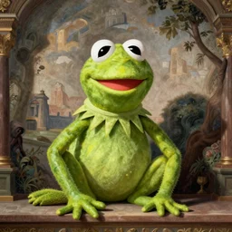 “Kermit the Frog in the style of Saturn Devouring His Son by Francisco Goya, fresco”